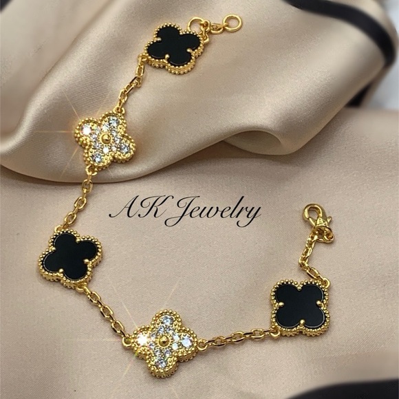 💎18k LUXURY QUATREFOIL Gold & Black BRACELET 5 Motifs Clover Flower Black Onyx - Picture 6 of 7
